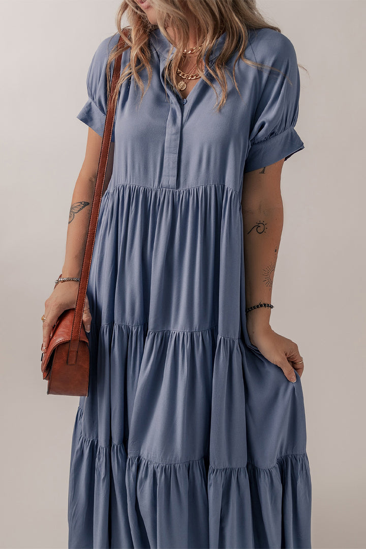 Robe longue évasée à volants et manches courtes, boutons cachés