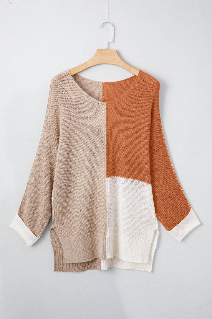 Color Block Knit V Neck Loose Sweater
