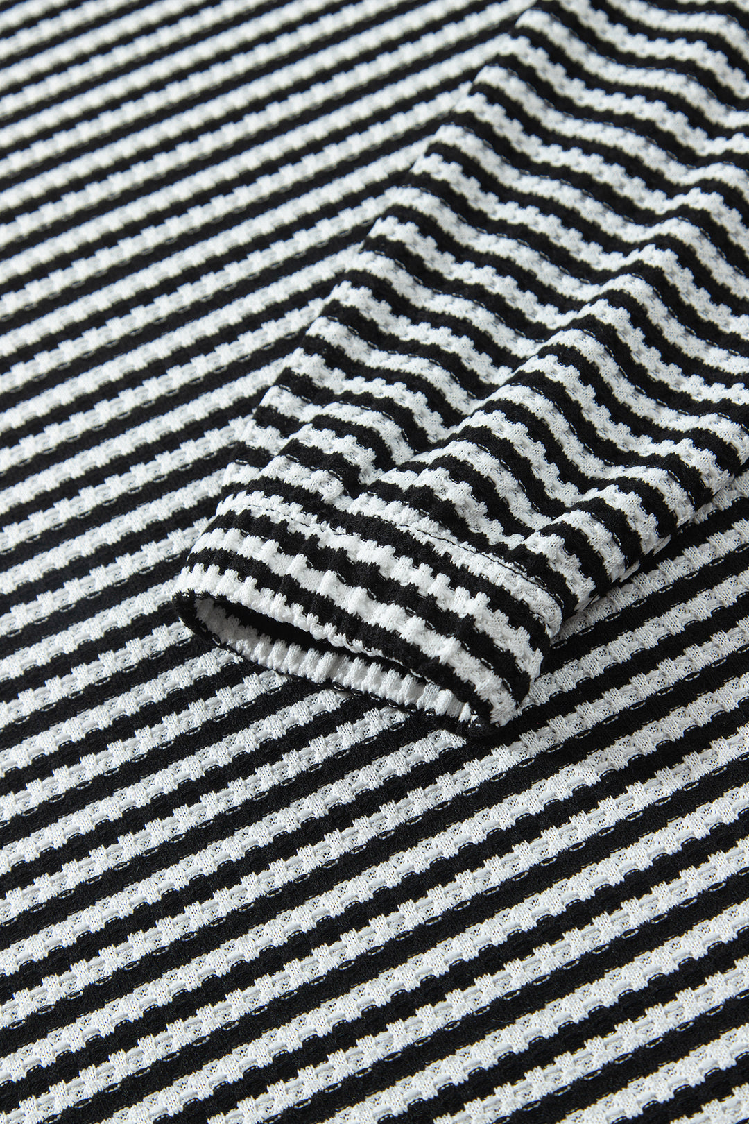 Black Stripe Textured Knit Long Sleeve Top Elastic Waist Shorts Casual Outfit
