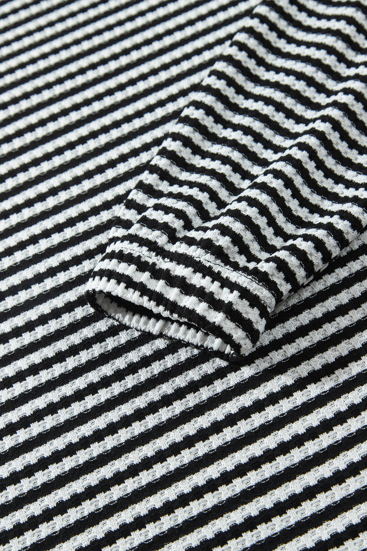 Black Stripe Textured Knit Long Sleeve Top Elastic Waist Shorts Casual Outfit