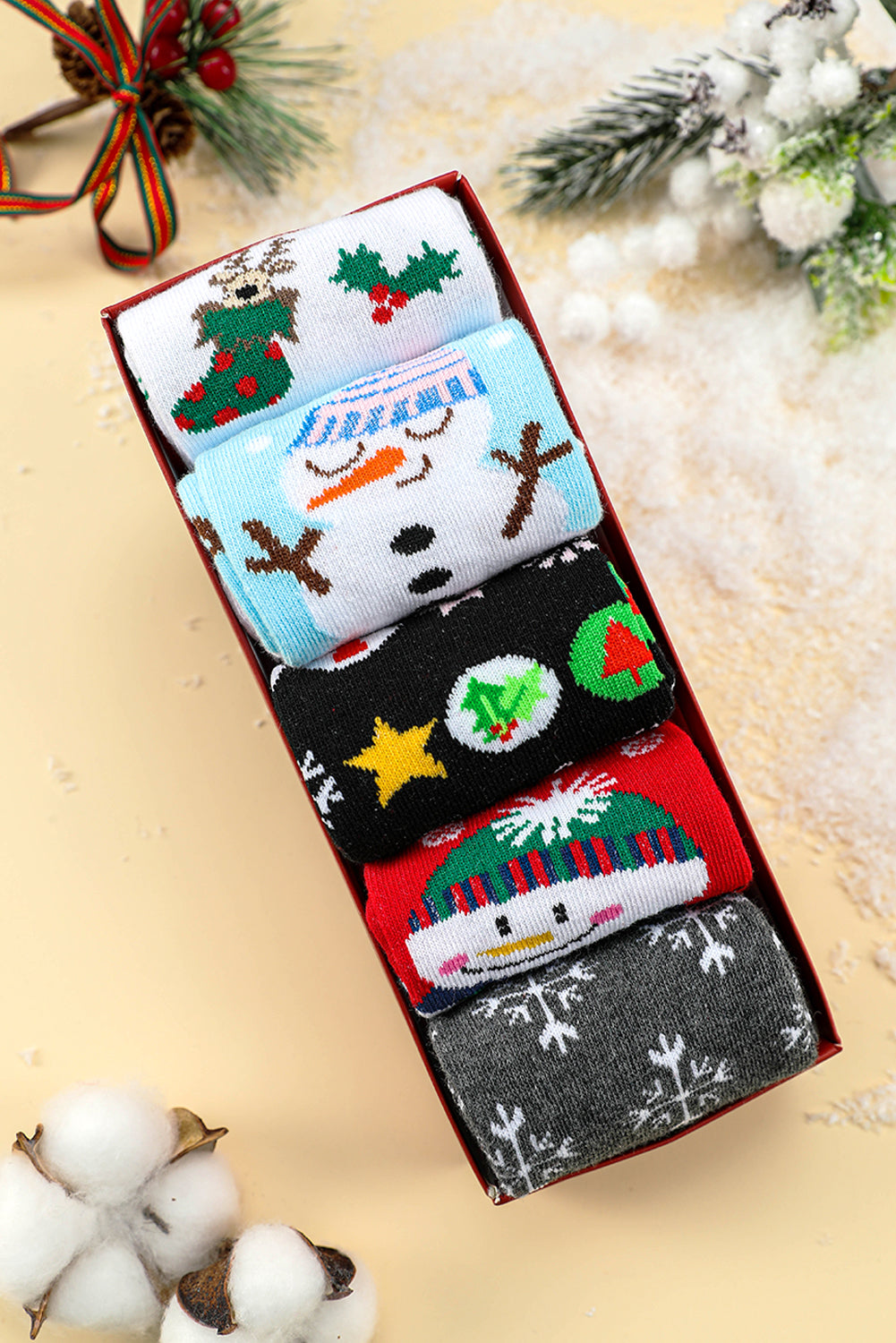 Lot de 5 paires de chaussettes de Noël avec motif dessin animé et boîte