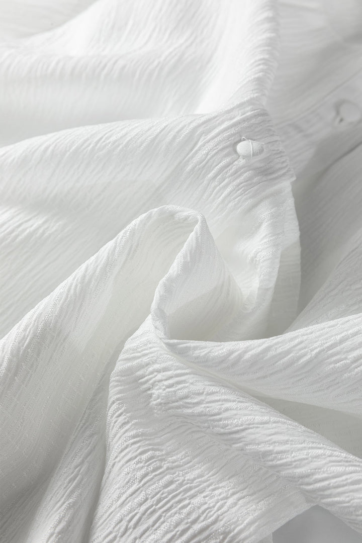 White Crinkled Texture Lantern Sleeve Button Down Loose Shirt