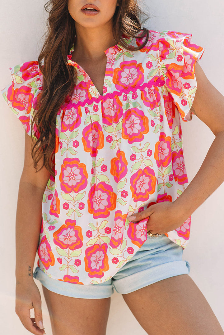 floral ruffled sleeve ric rac trim split neck loose blouse