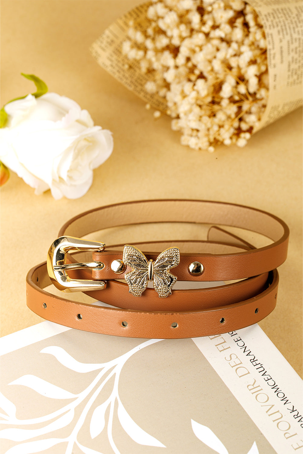 Ceinture fine en cuir PU avec boucle décorative papillon
