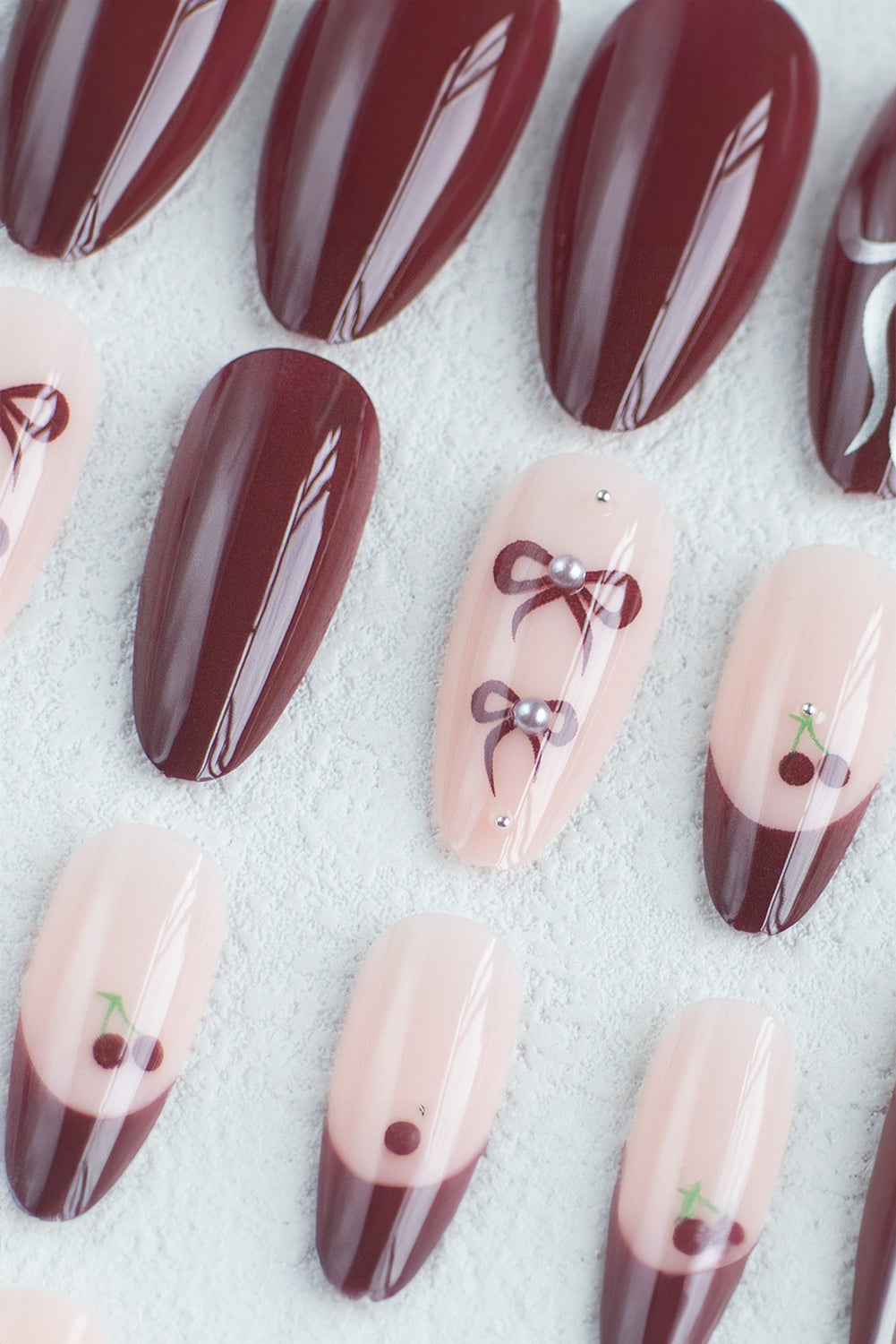 Bow Cherry Pearled Almond Shape Nail Stickers with Jelly Glue