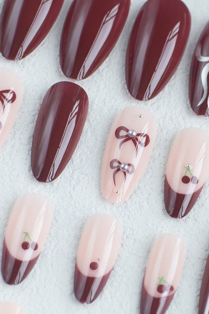 Bow Cherry Pearled Almond Shape Nail Stickers with Jelly Glue