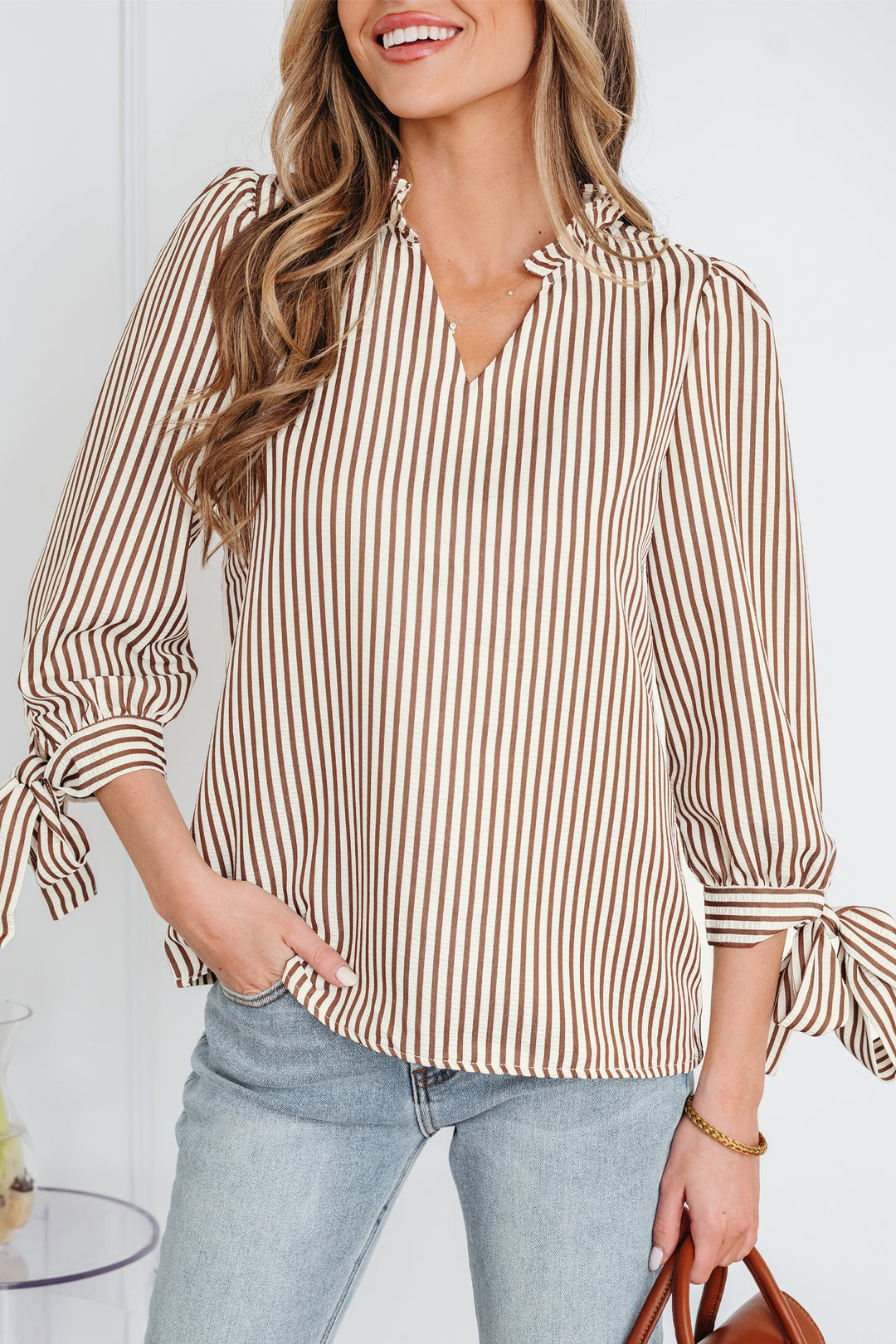 Striped Print Tied Cuffs Split Neck Seersucker Blouse