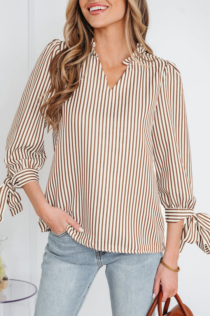 Striped Print Tied Cuffs Split Neck Seersucker Blouse