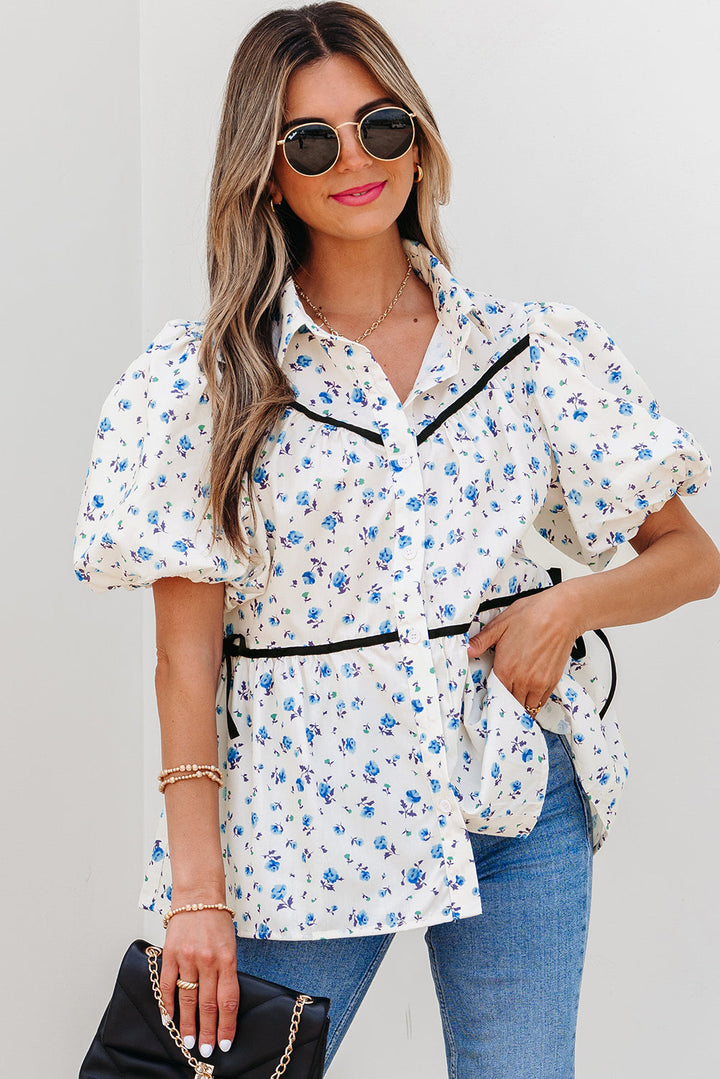 contrast trim floral puff short sleeve shirt