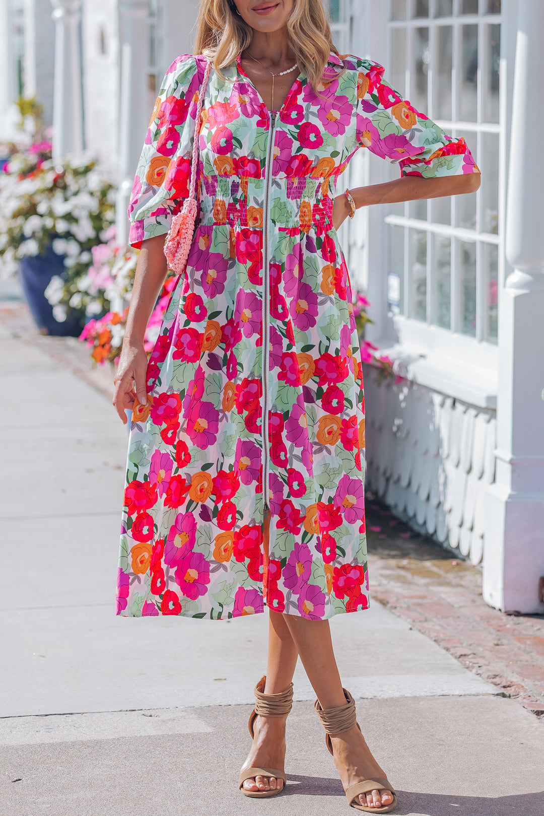 Rose Vibrant Floral Print Zip Up Puffy Half Sleeve Dress