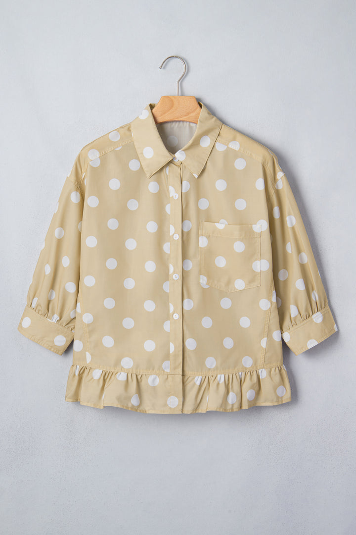 Khaki Polka Dot Print Three Quarter Sleeve Ruffle Hem Casual Shirt