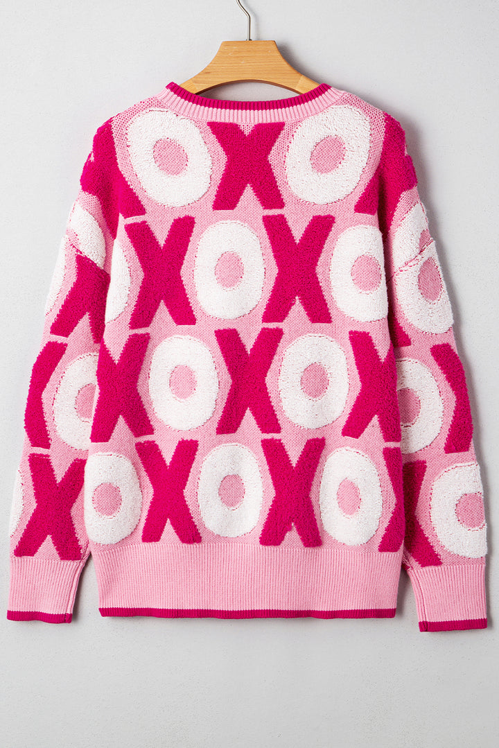 XOXO Pattern Drop Shoulder Crewneck Valentines Sweater