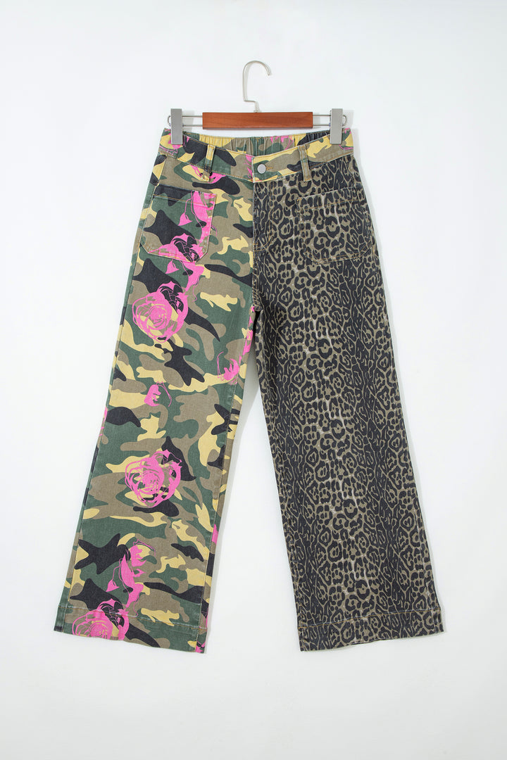 Multicolour Abstract Camouflage Print Contrast Leopard Patchwork Straight Leg Jeans