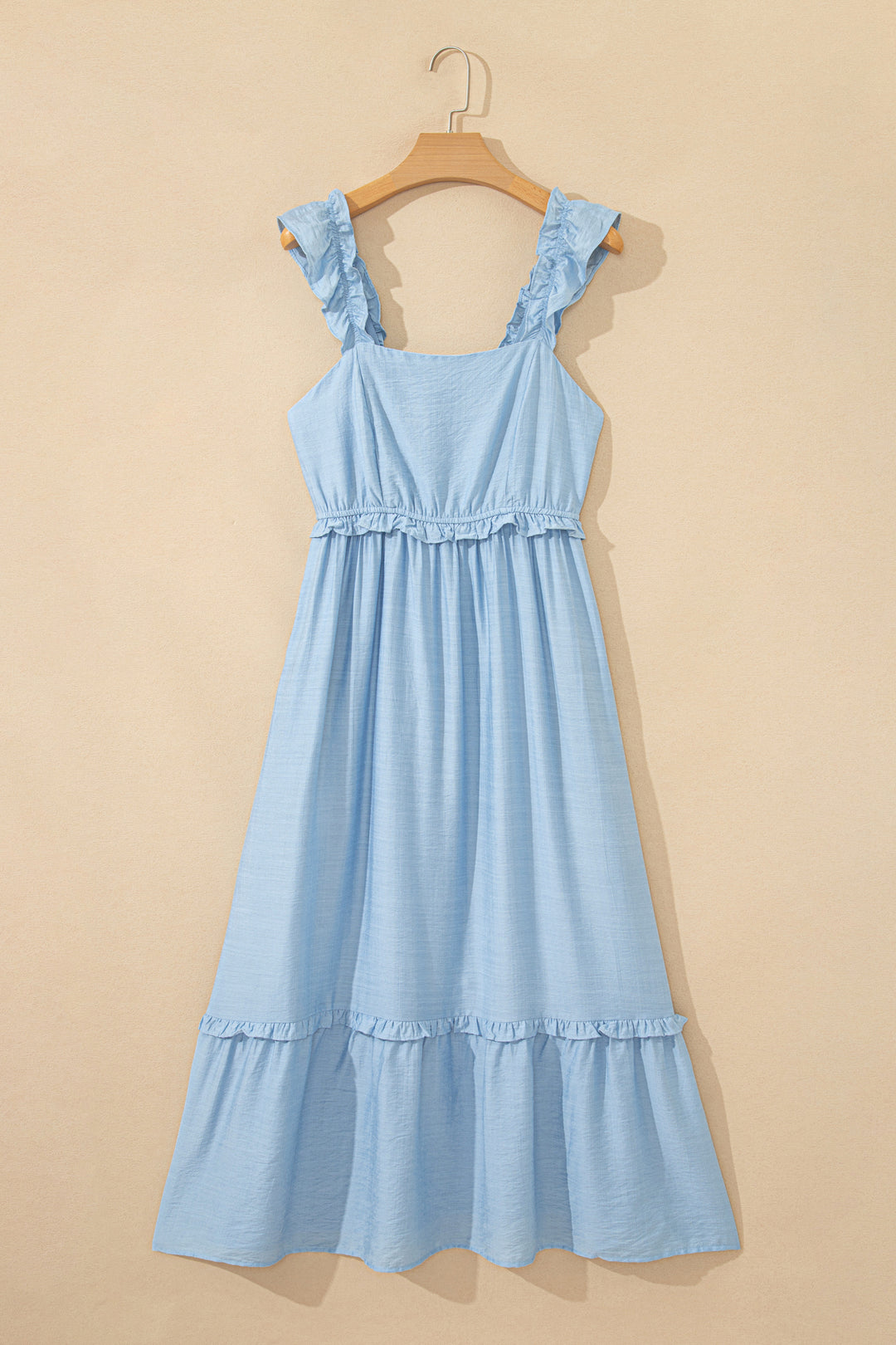Beau Blue Solid Color Ruffle Trim High Waist Sleeveless Maxi Dress