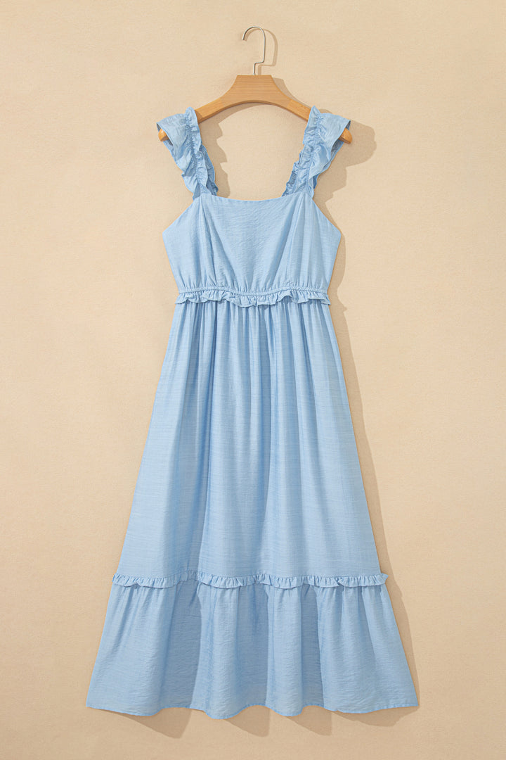 Beau Blue Solid Color Ruffle Trim High Waist Sleeveless Maxi Dress