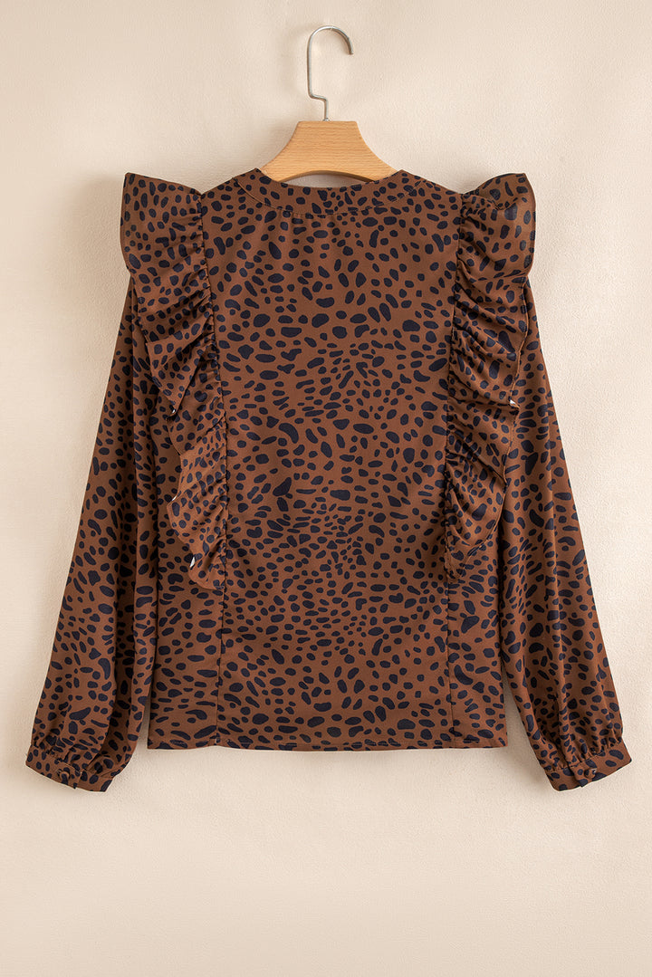 Leopard Print Ruffled Puff Sleeve Blouse