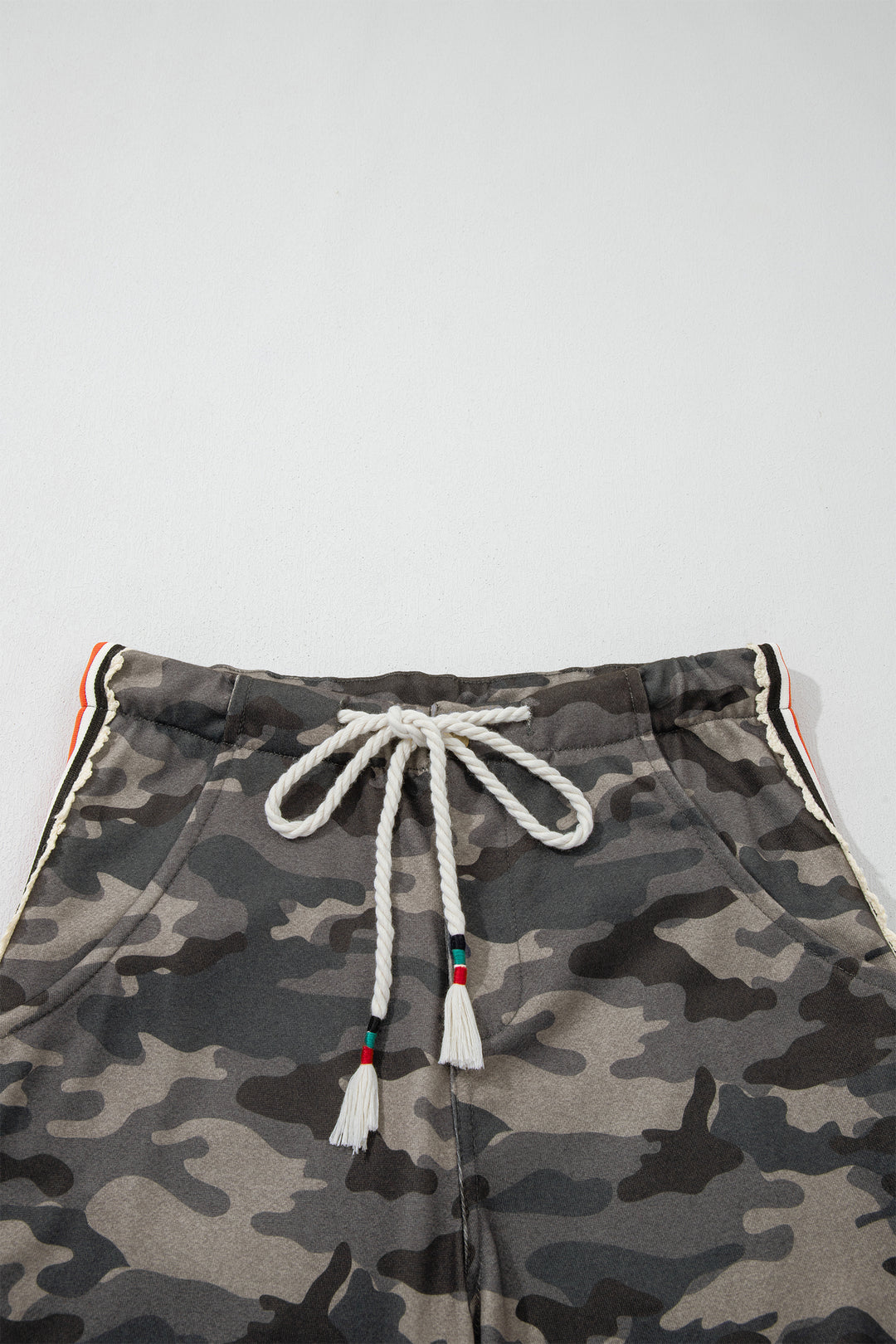 Green Camouflage Print Striped Side Panel Patchwork Drawstring Pants