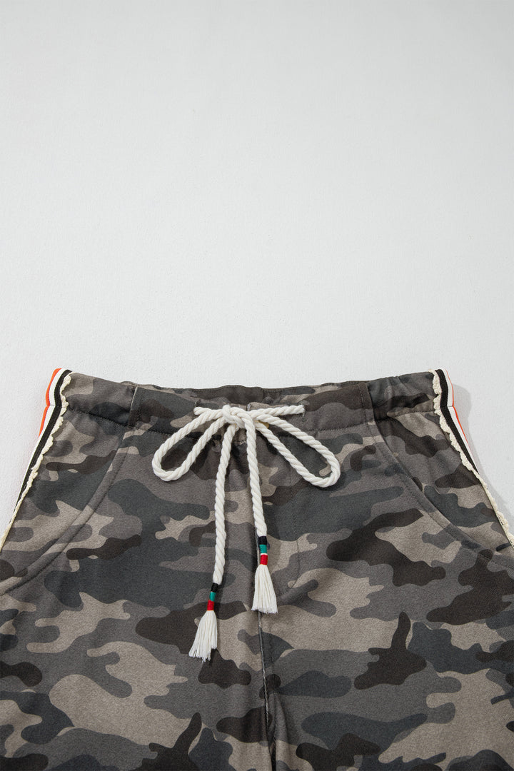 Green Camouflage Print Striped Side Panel Patchwork Drawstring Pants