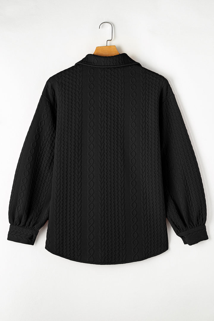 Black Cable Texture Puff Sleeve Loose Shacket