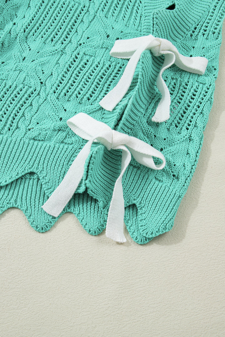 Pointelle Knit Patterned Scalloped Trim Short Sleeve Sweater