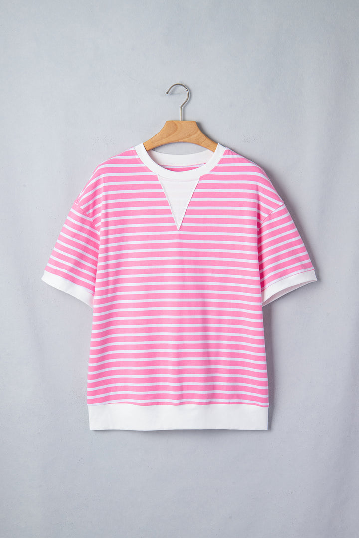 Pink Stripe Round Neck Short Sleeve Loose Top
