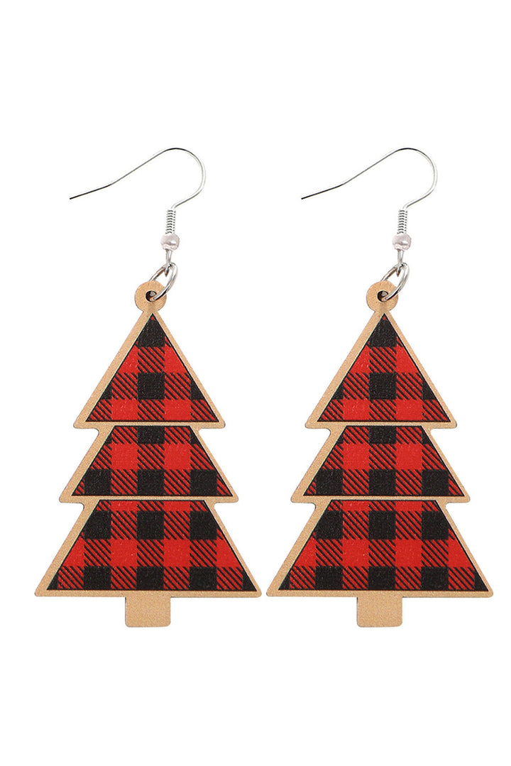 Boucles d'oreilles pendantes en bois motif sapin de Noël à carreaux rouges