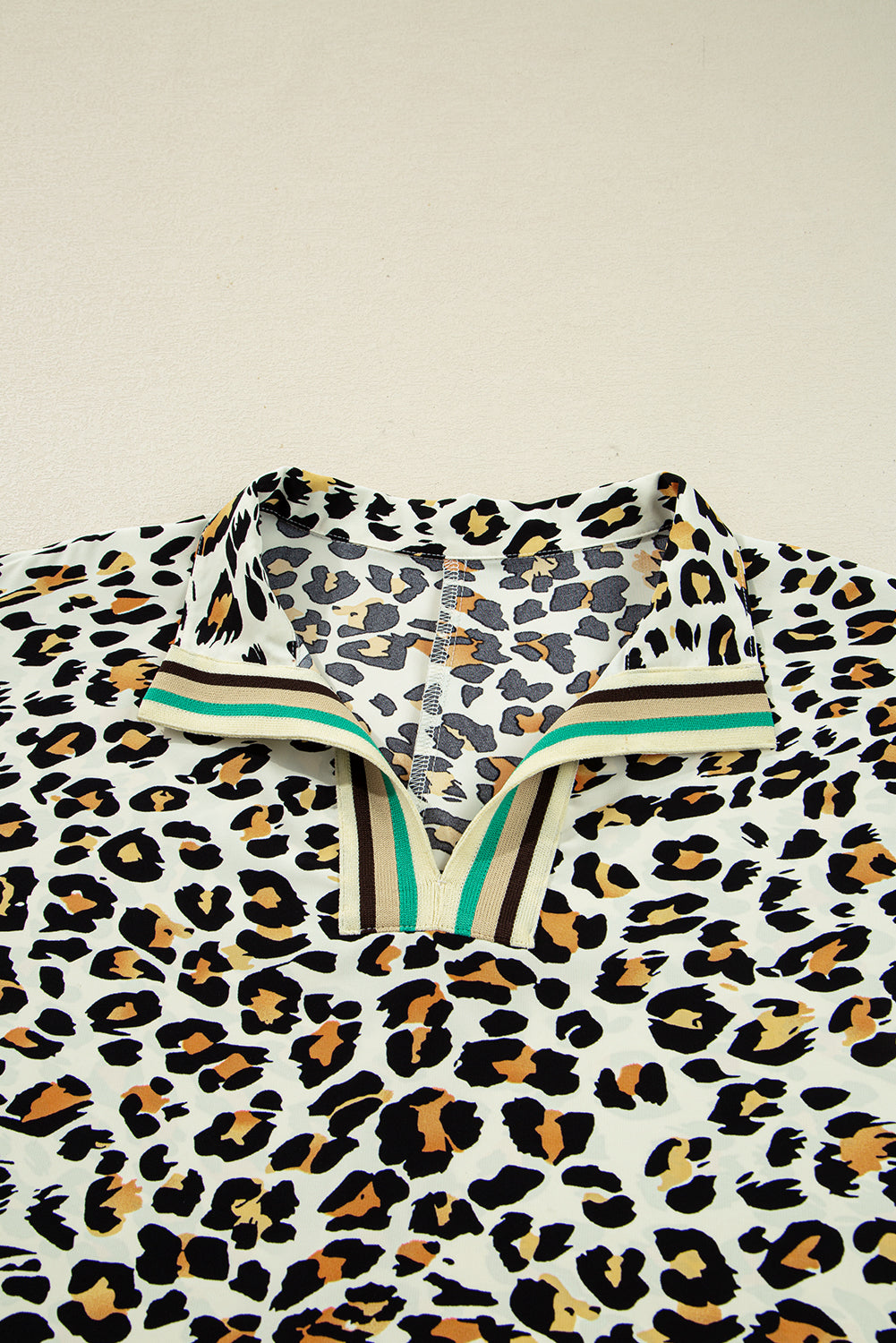 Leopard Print Contrast Striped V Neck Blouse
