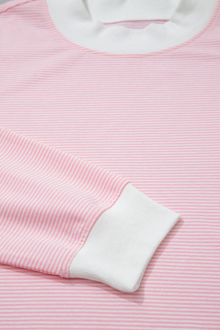 Pink Stripe Color Block Trim Mock Neck Pullover Drawstring Pants Casual Outfit