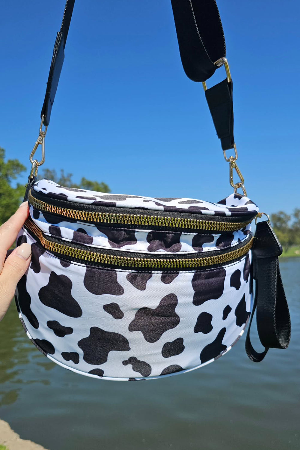 Checkered/Animal Spots Print Wide Strap Large Crossbody Bag
