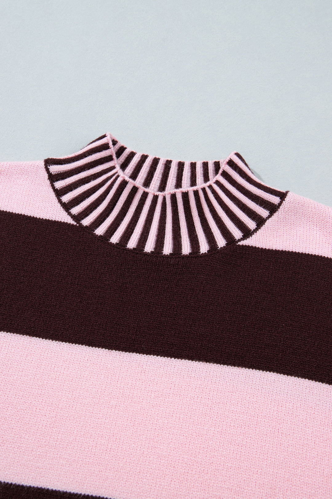 Pink Stripe Contrast High Neck Dropped Shoulder Relaxed Pullover Sweater