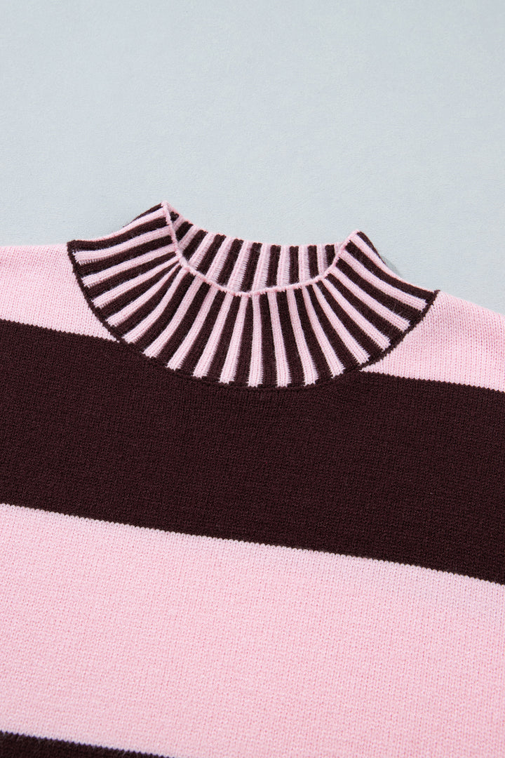 Pink Stripe Contrast High Neck Dropped Shoulder Relaxed Pullover Sweater