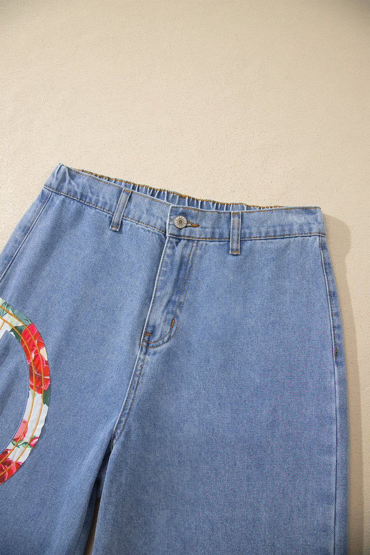 Myosotis Floral Peace Sign Embroidered Patch Wide Leg Jeans