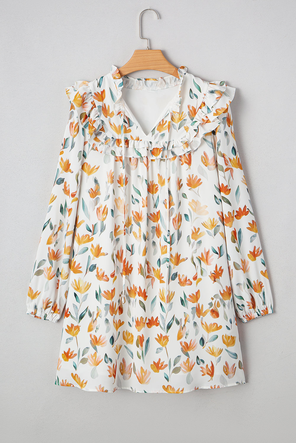 Floral Print Tie Neck Frilled Detail Long Sleeve Mini Dress