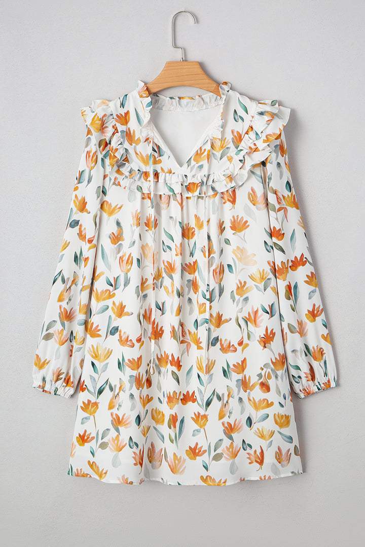 Floral Print Tie Neck Frilled Detail Long Sleeve Mini Dress