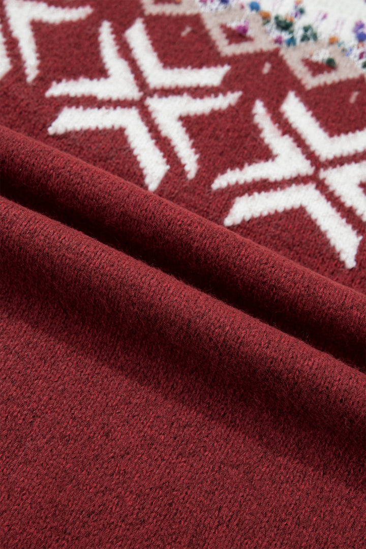 Red Dahlia Christmas Theme Geometric Pattern Knit Round Neck Shift Sweater
