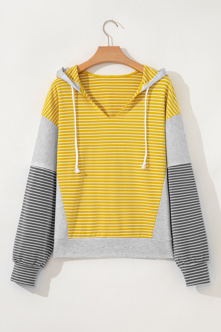 Color Block Drawstring V Neck Loose Fit Hooded Top