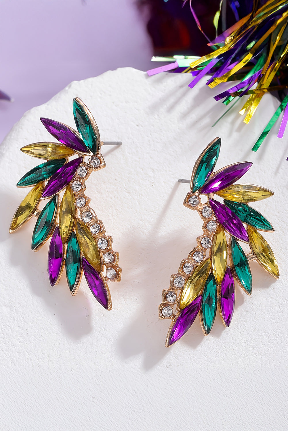 Boucles d'oreilles à tige incrustées de cristaux et strass Mardi Gras