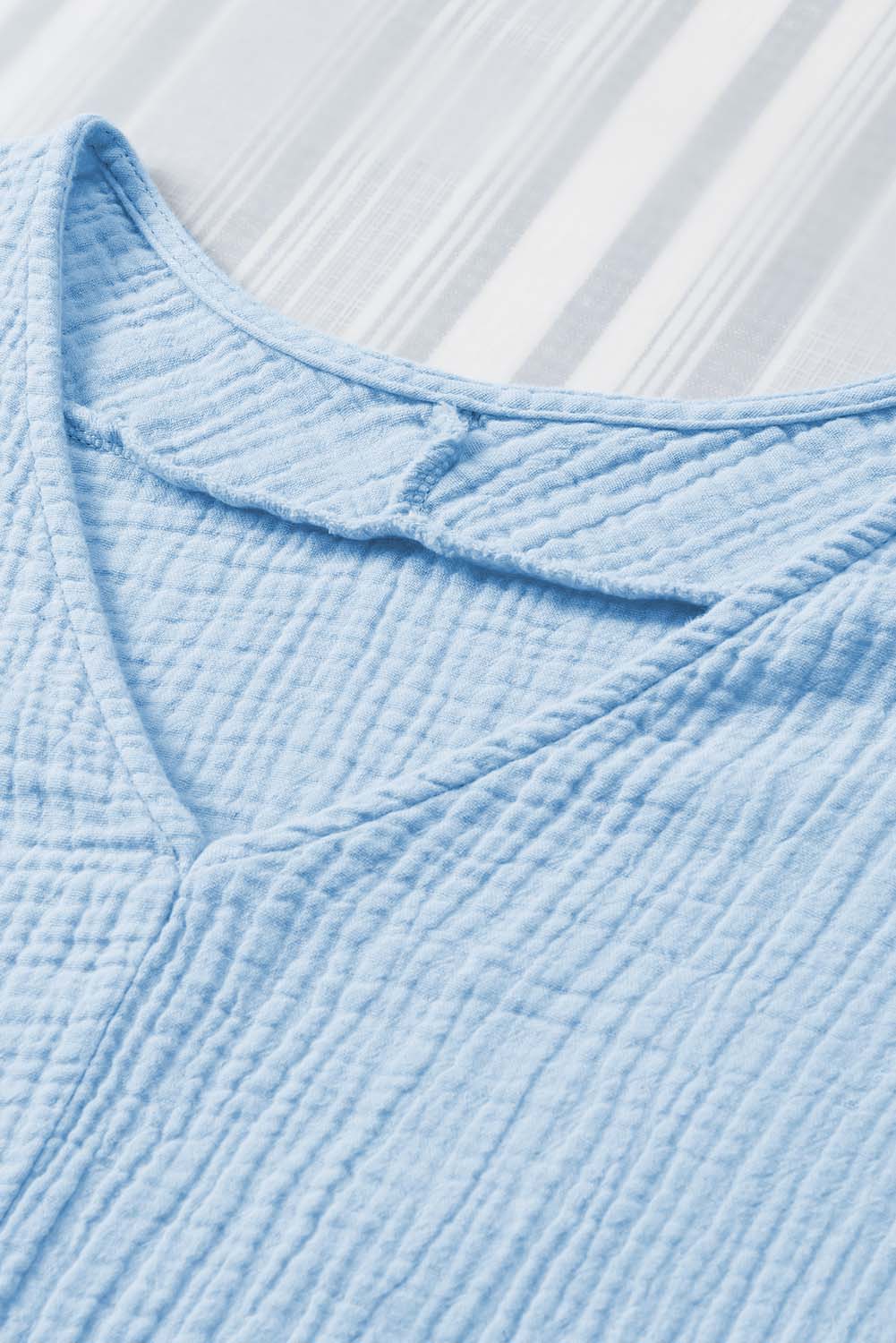 Sky Blue Frayed Batwing Sleeve Textured Cotton Blouse