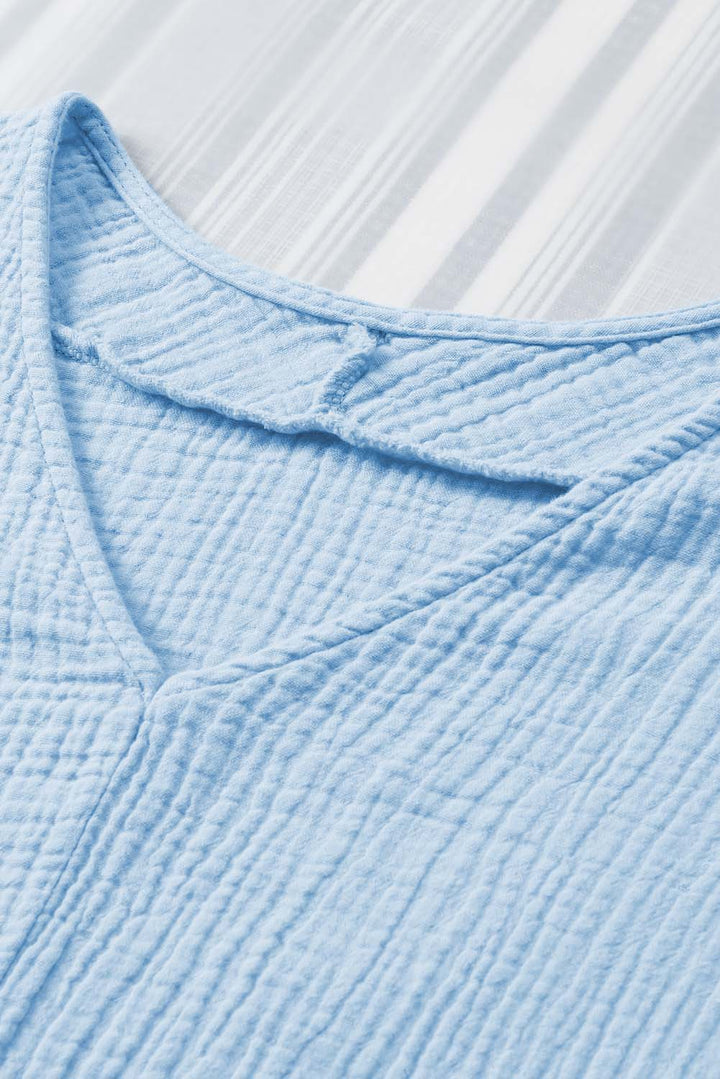 Sky Blue Frayed Batwing Sleeve Textured Cotton Blouse