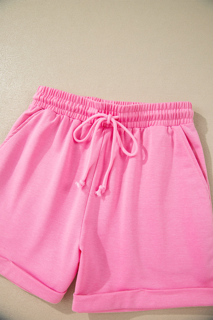 Bonbon Collared V Neck Tee Drawstring Elastic Waist Shorts 2pcs Outfit