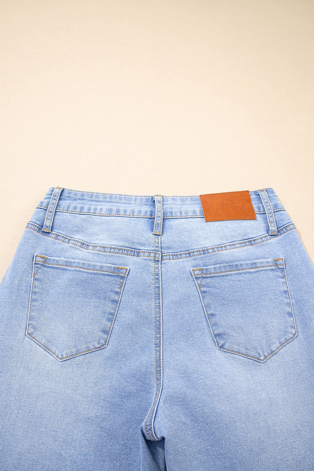 Iceland Blue Unique Hem Design Elastic Waist Flare Leg Jeans