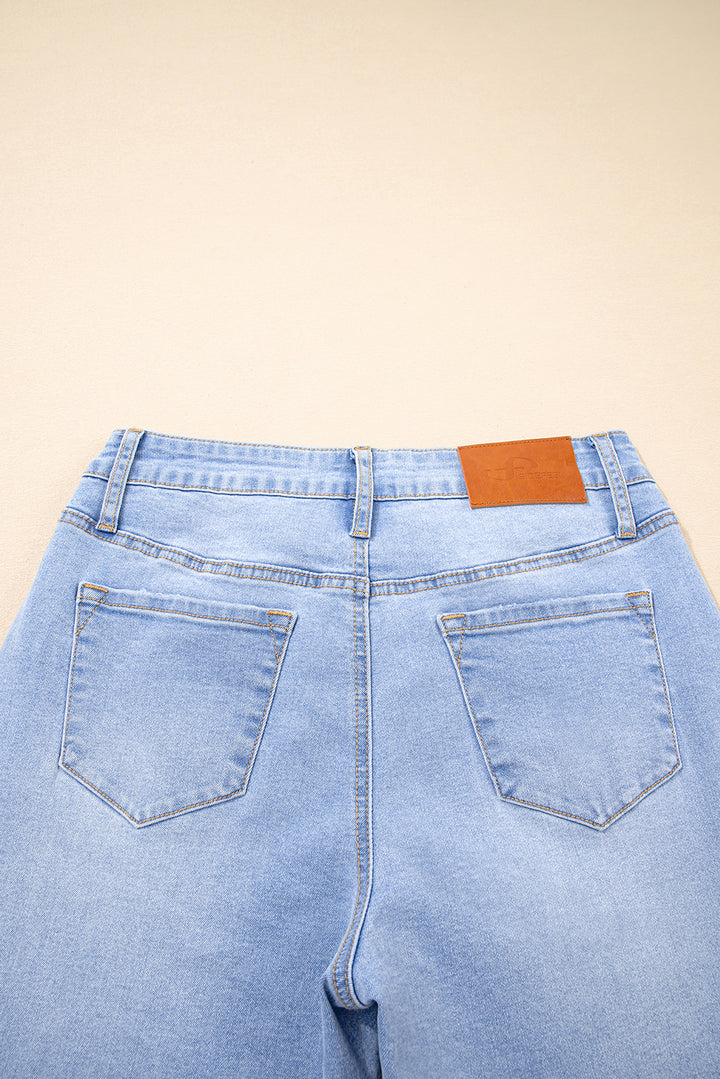 Iceland Blue Unique Hem Design Elastic Waist Flare Leg Jeans