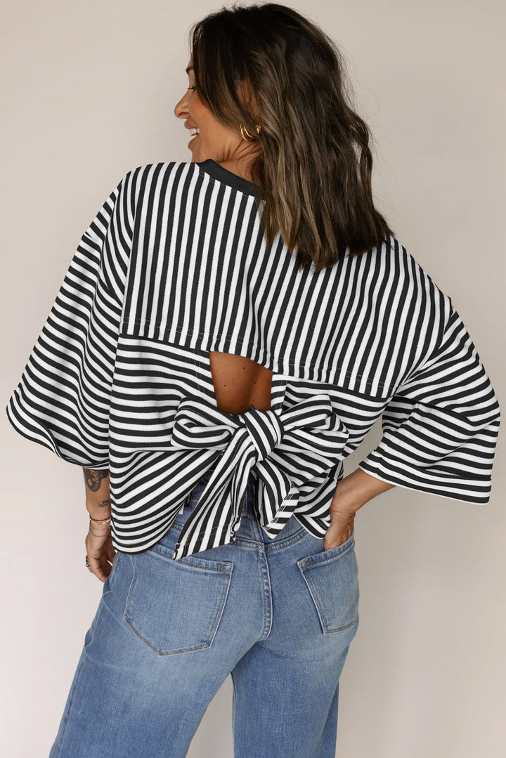 Bowknot Cutout Back Drop Shoulder Wide Bracelet Sleeve Loose Tee