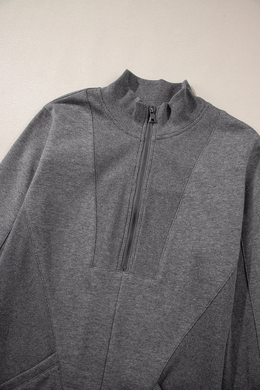 Zip up Collared Ribbed Patchwork Sweatshirt Dress with Pockets