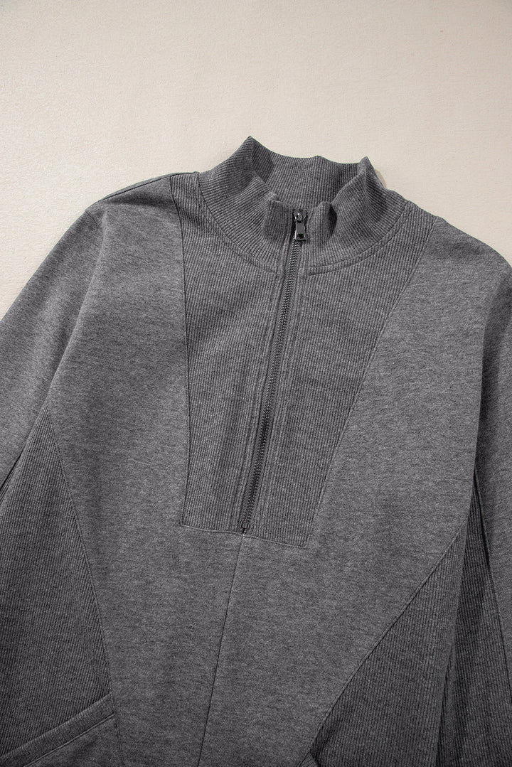 Zip up Collared Ribbed Patchwork Sweatshirt Dress with Pockets