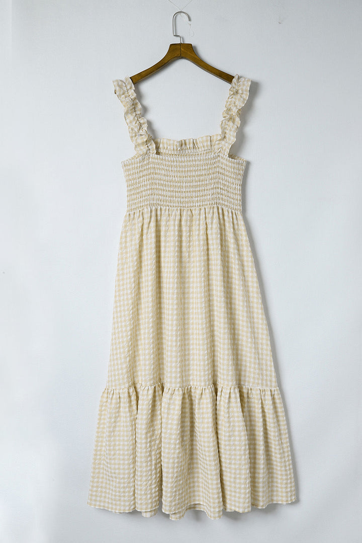 Plaid Ruffled Sleeve Smocked Maxi Dress