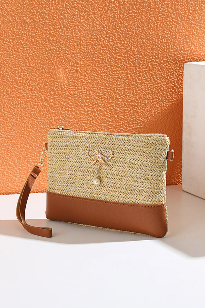 Bow Pearl Decor Straw PU Leather Patched Crossbody Bag