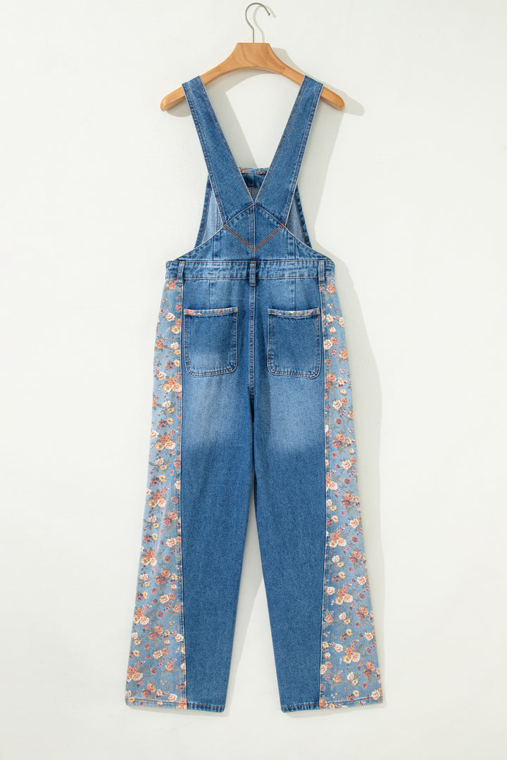 Peacock Blue Floral Patchwork Bib Denim Wide Leg Overalls