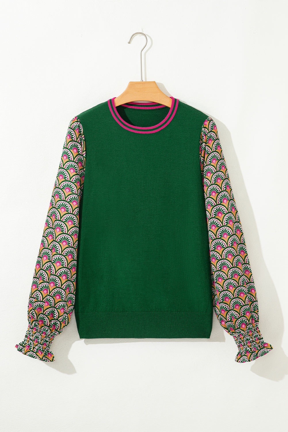 Floral Patchwork Shirred Cuff Puff Sleeve Sweater