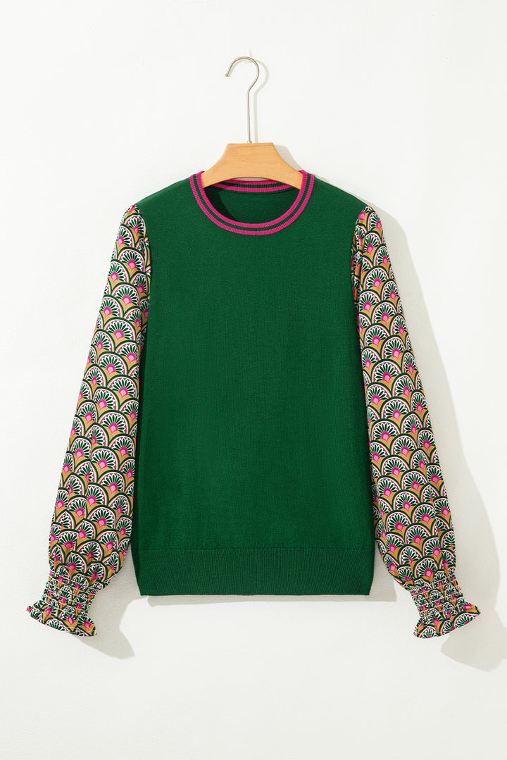 Floral Patchwork Shirred Cuff Puff Sleeve Sweater